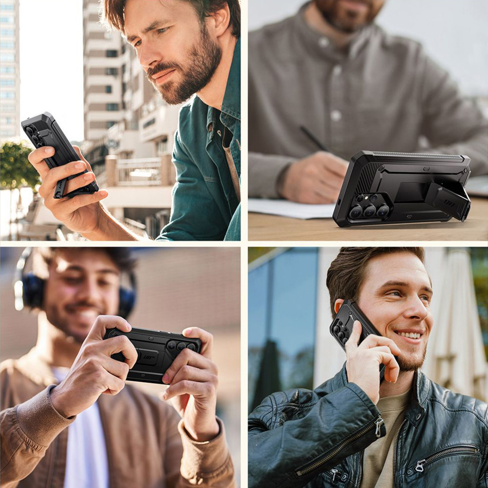 Etui pancerne z osłoną na ekran, z wbudowaną podstawką i kaburą z klipsem obrotowym Supcase Unicorn Beetle Pro do Galaxy S25 Ultra, czarne